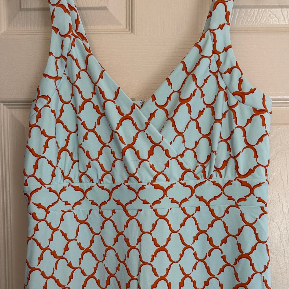 Light Blue Maxi Dress with Orange Geometric Print
